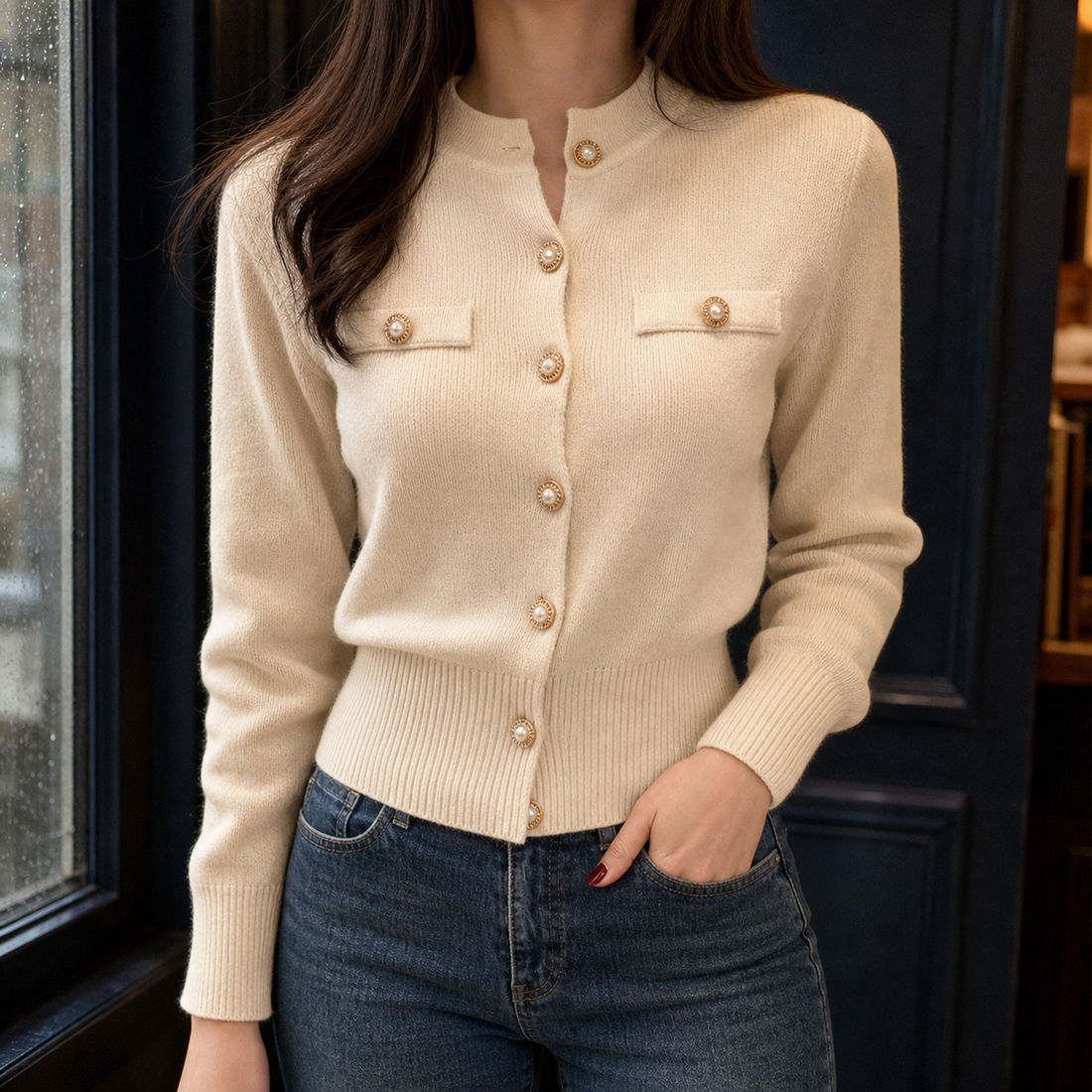 Flavia-Rose Crew Neck Cardigan - Beige