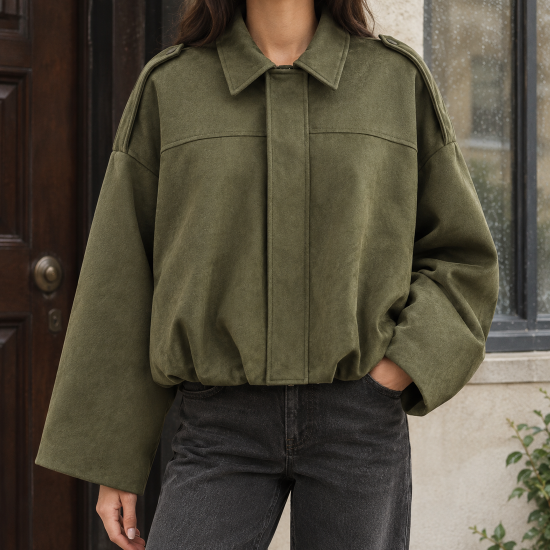 Serena-Mae Suede Bomber Jacket - Army Green