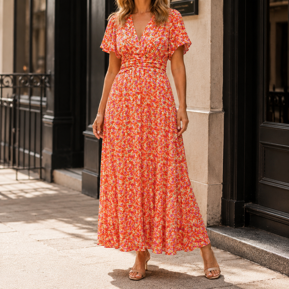 Solene Ruched Maxi Dress - Orange