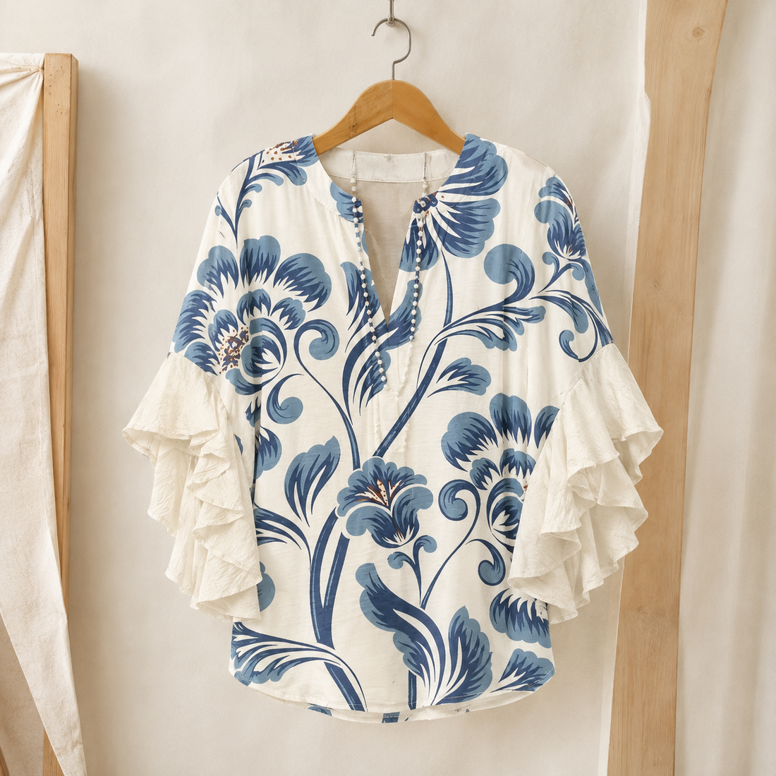 Maeve Ruffle Sleeve Blouse - White Blue
