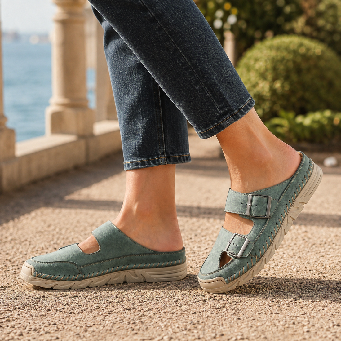 Napoli Buckle Mules - Green