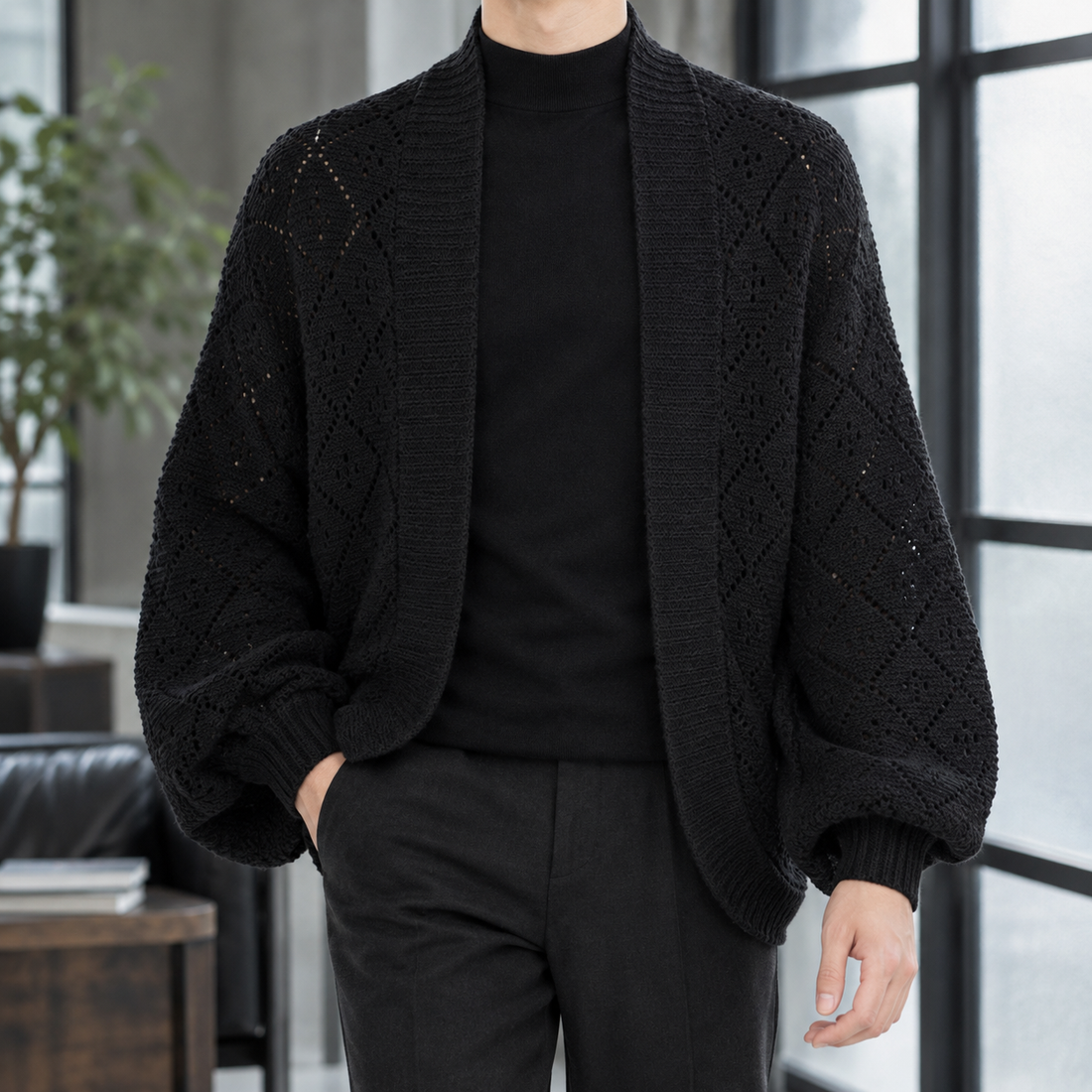 Erasmus Pointelle Cardigan - Black