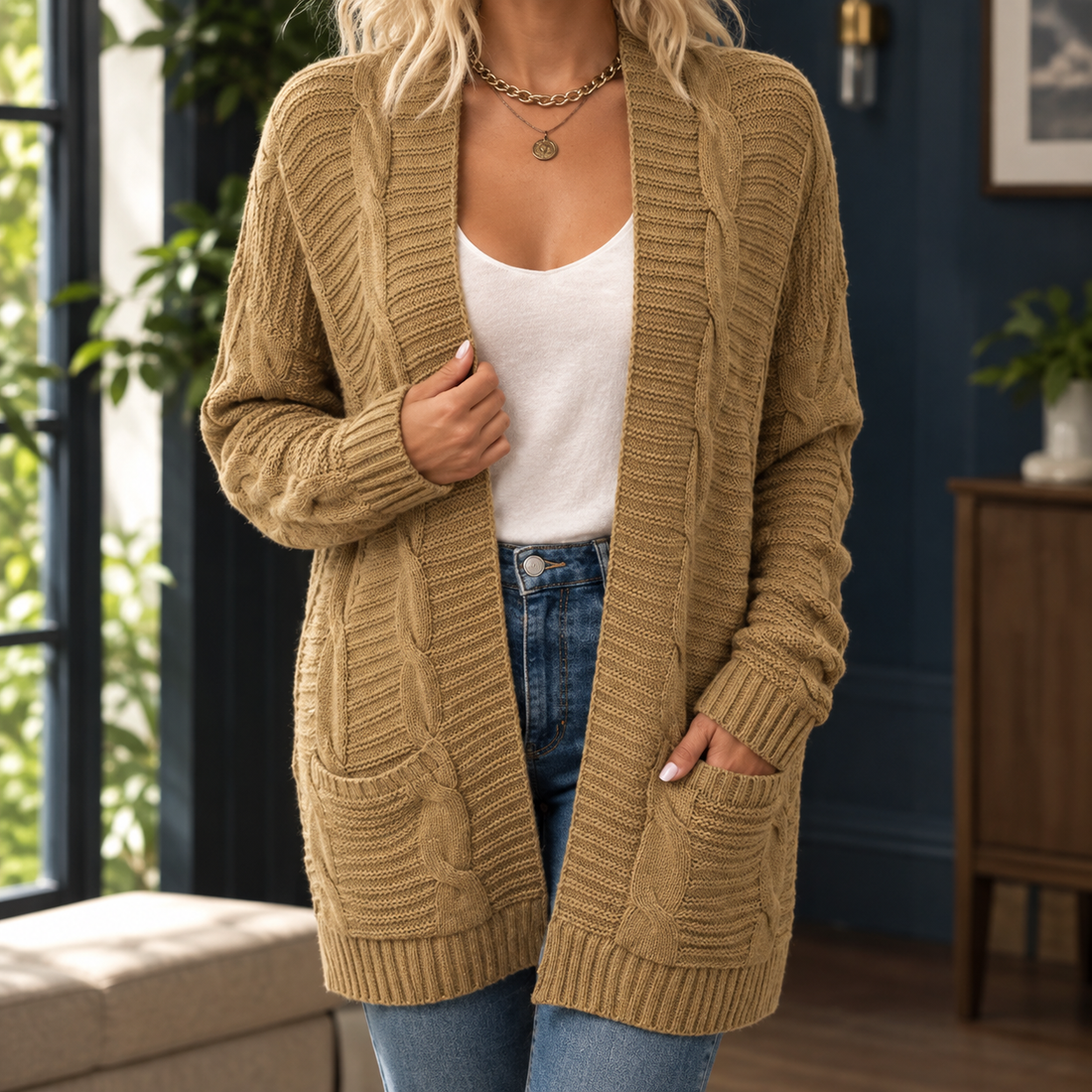 Caitlin Cable Knit Cardigan - Khaki