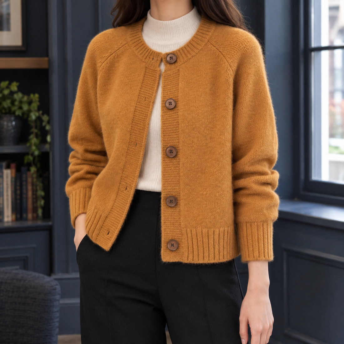 Annabeth-Grace Round Neck Cardigan - Orange Red