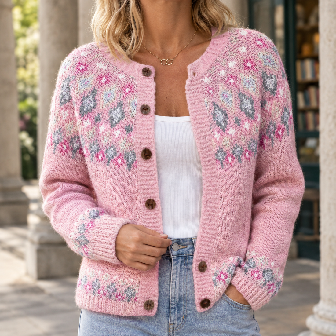 Catriona Jacquard Cardigan - Pink
