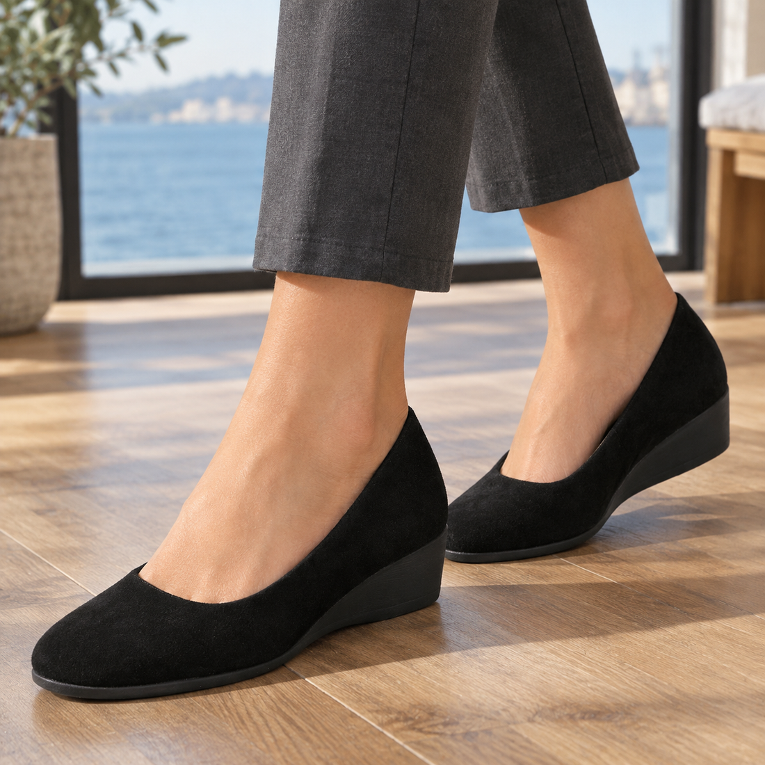 Magenta Suede Wedge Pumps - Black
