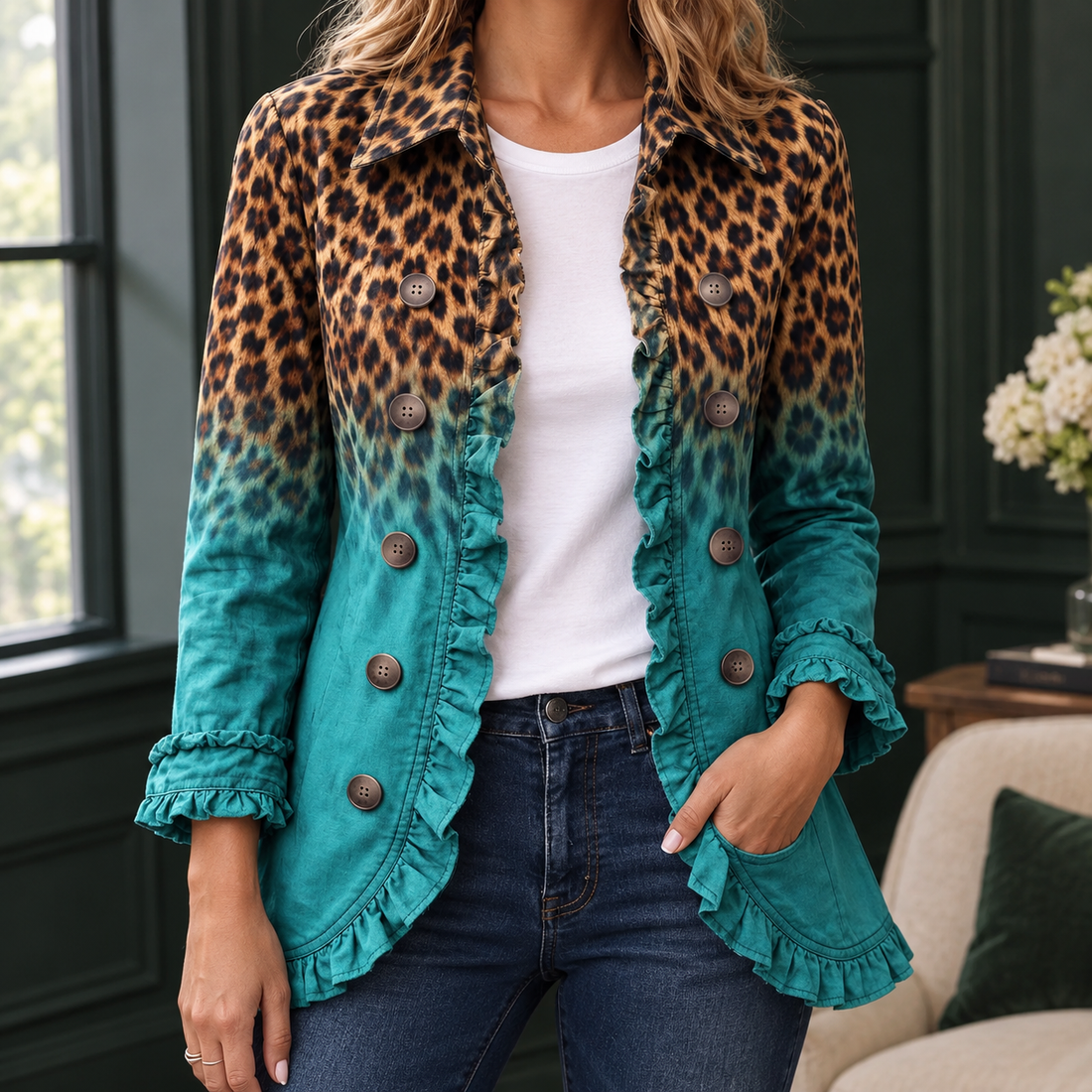 Esther Ruffled Jacket - Blue Leopard