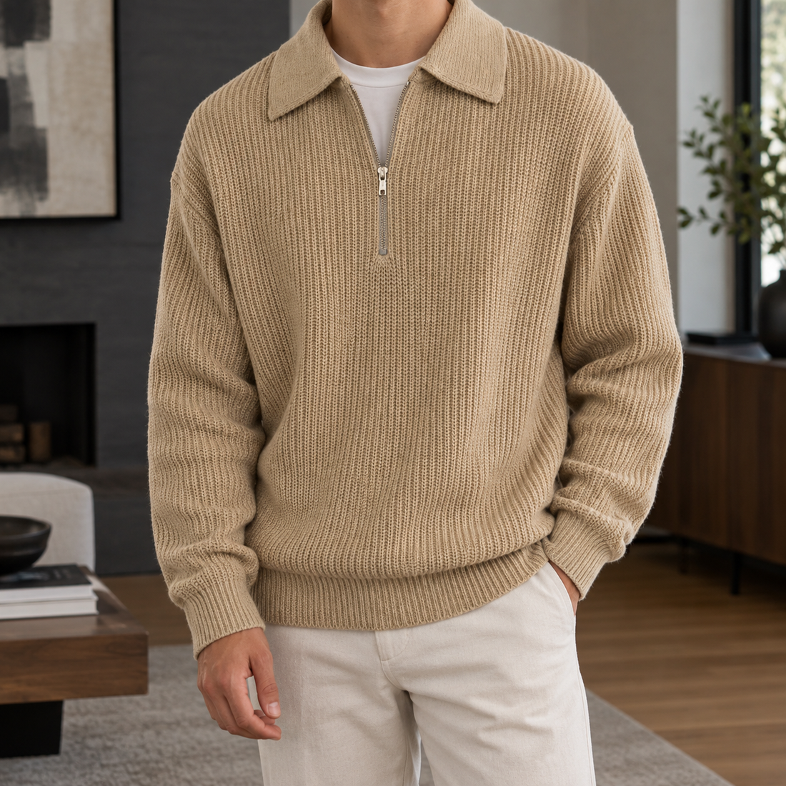 Evan-Hayes Half Zip Sweater - Tan