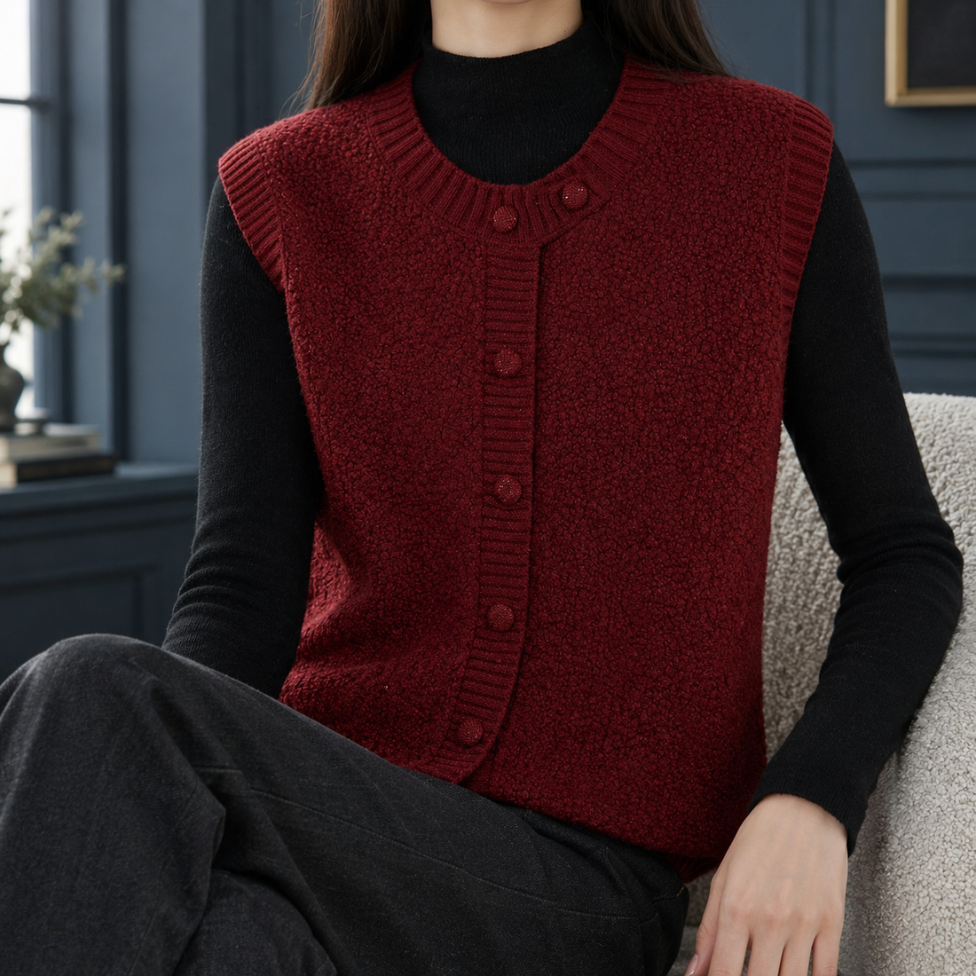 Elettra-Sage Textured Knit Vest - Burgundy