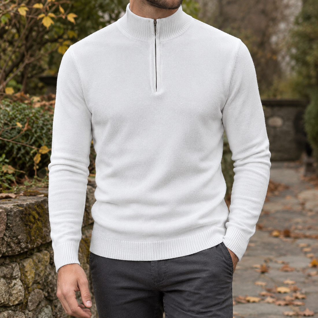 Caspian-Grey Half Zip Sweater - White