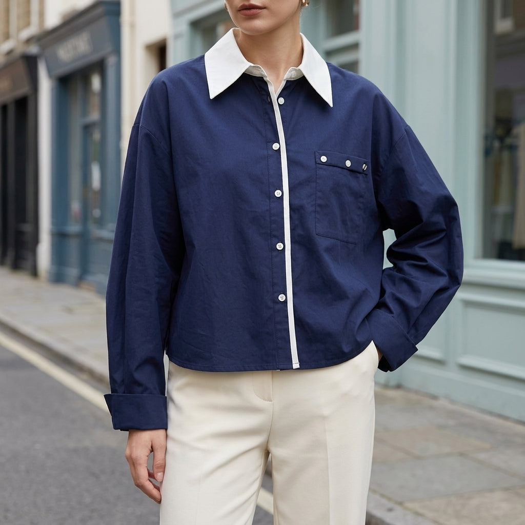 Vivienne Contrast Collar Top - Navy Blue
