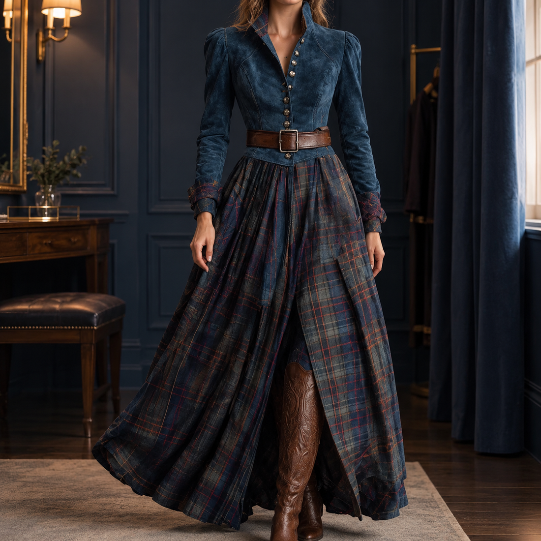 Zoe-Marie Tartan Maxi Dress - Peacock Blue