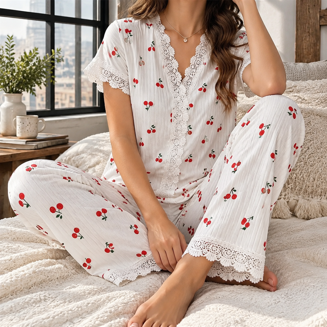 Alina-Hope Lace Pajama Set - White