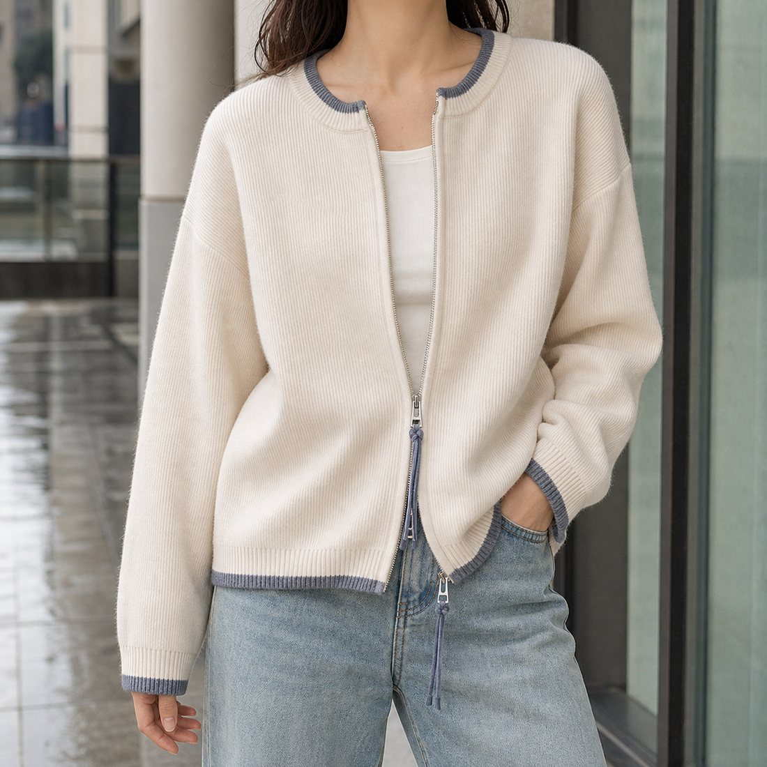 Bridget-Eve Double Zip Jacket - Beige Premium
