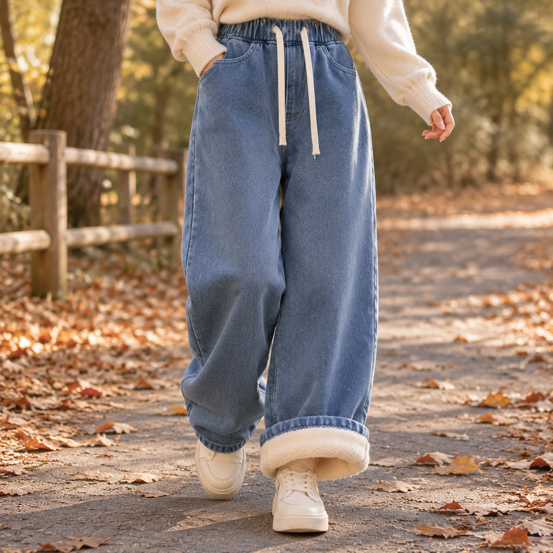 Guinevere-Jane Fleece Wide Leg Jeans - Vintage Blue ~