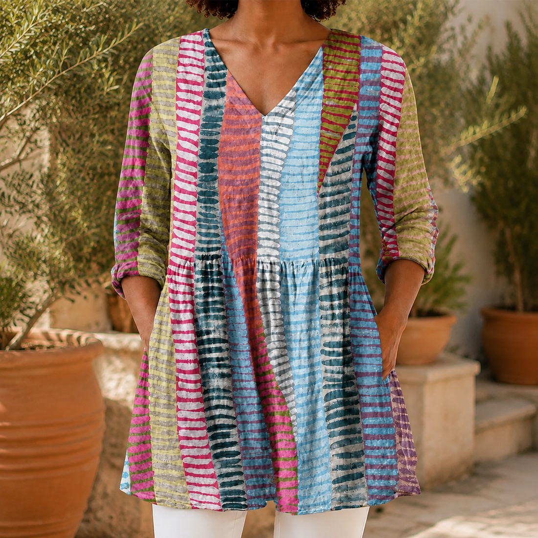 Pippa V-Neck Tunic - Multicolor Stripe