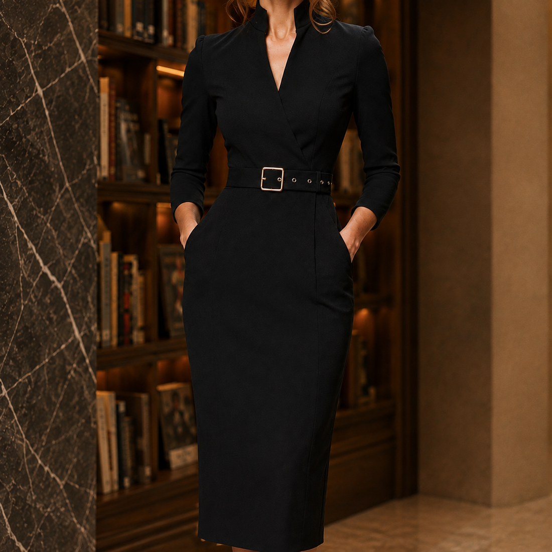Rosalie Belted Midi Dress - Black