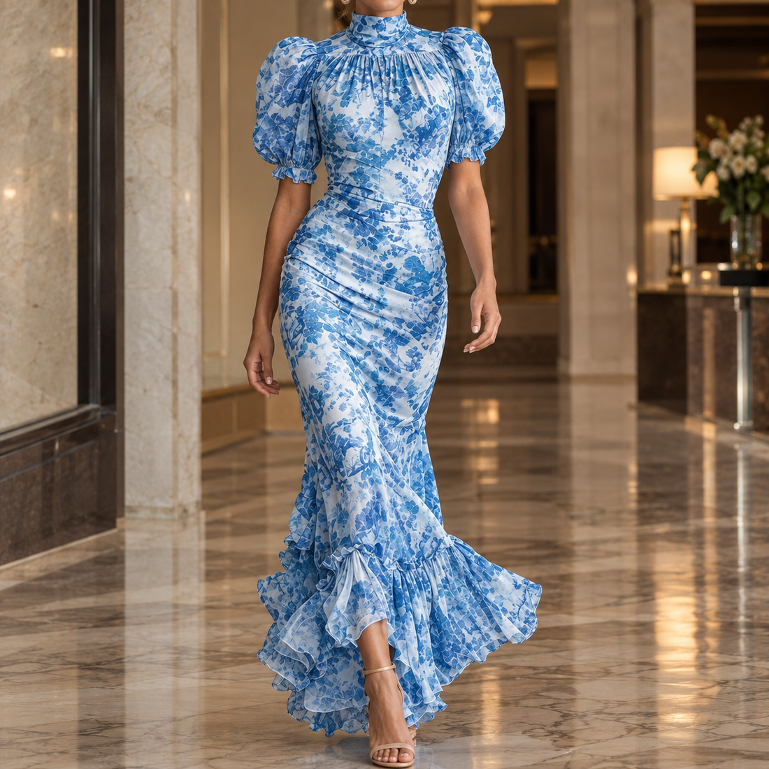 Vivienne-Pearl Fishtail Dress - Blue