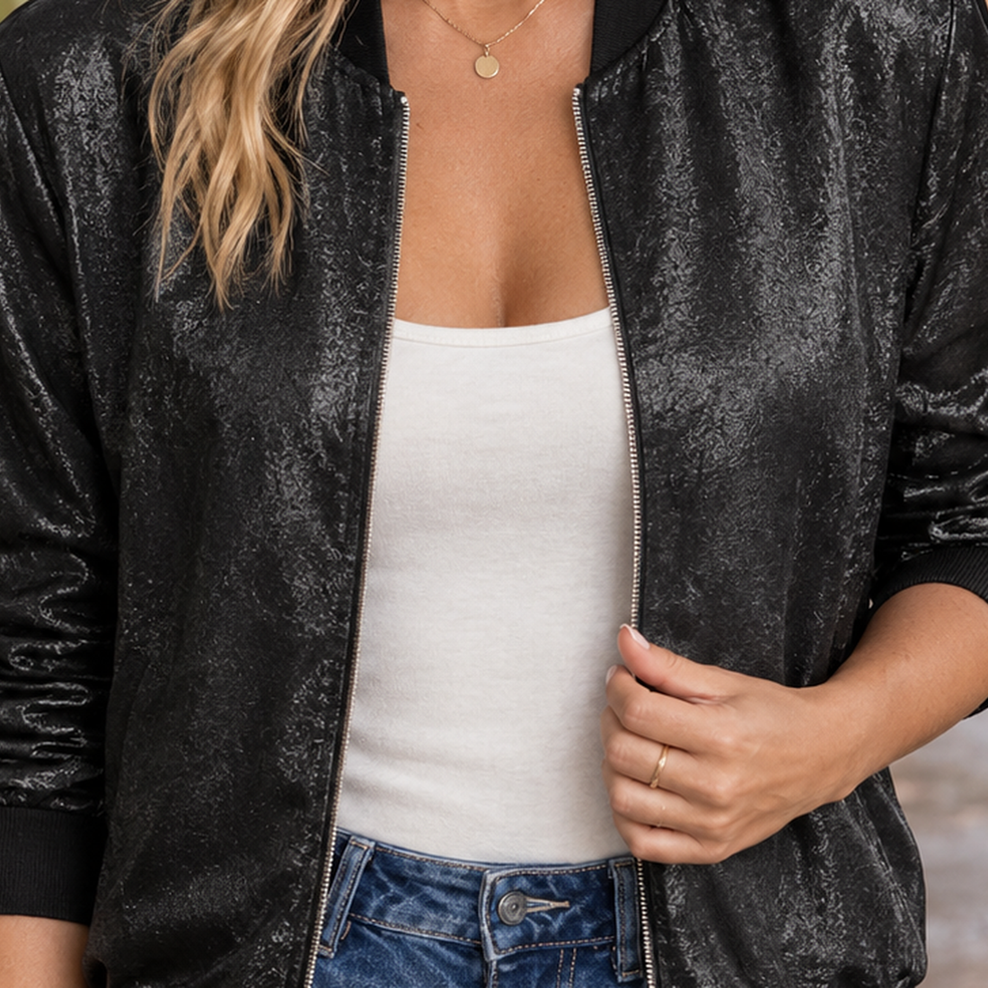 Lisandra-Elise Zip Bomber Jacket - Lead Product Detail
