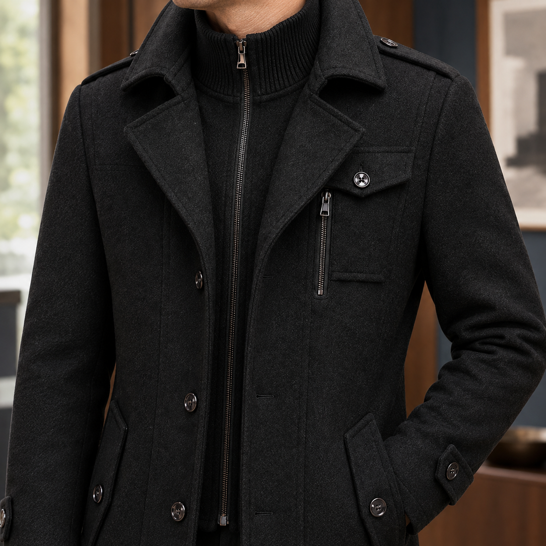 Barnabas-Rhys Double Collar Coat - Lead Product Detail