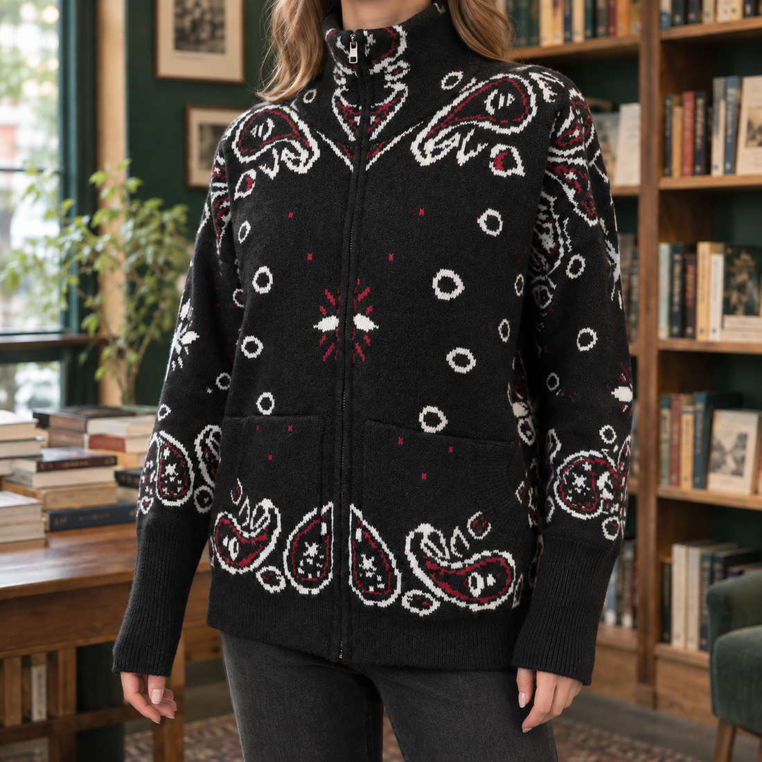 Ottilia Zip Front Sweater - Lead Product Detail
