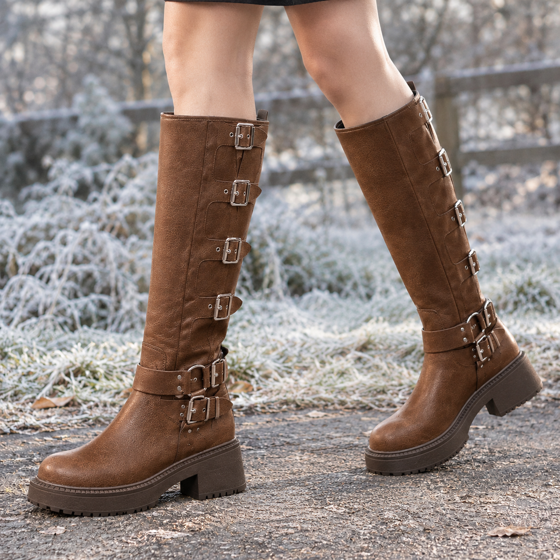 Bargello-Milano Buckle Knee Boots - Brown