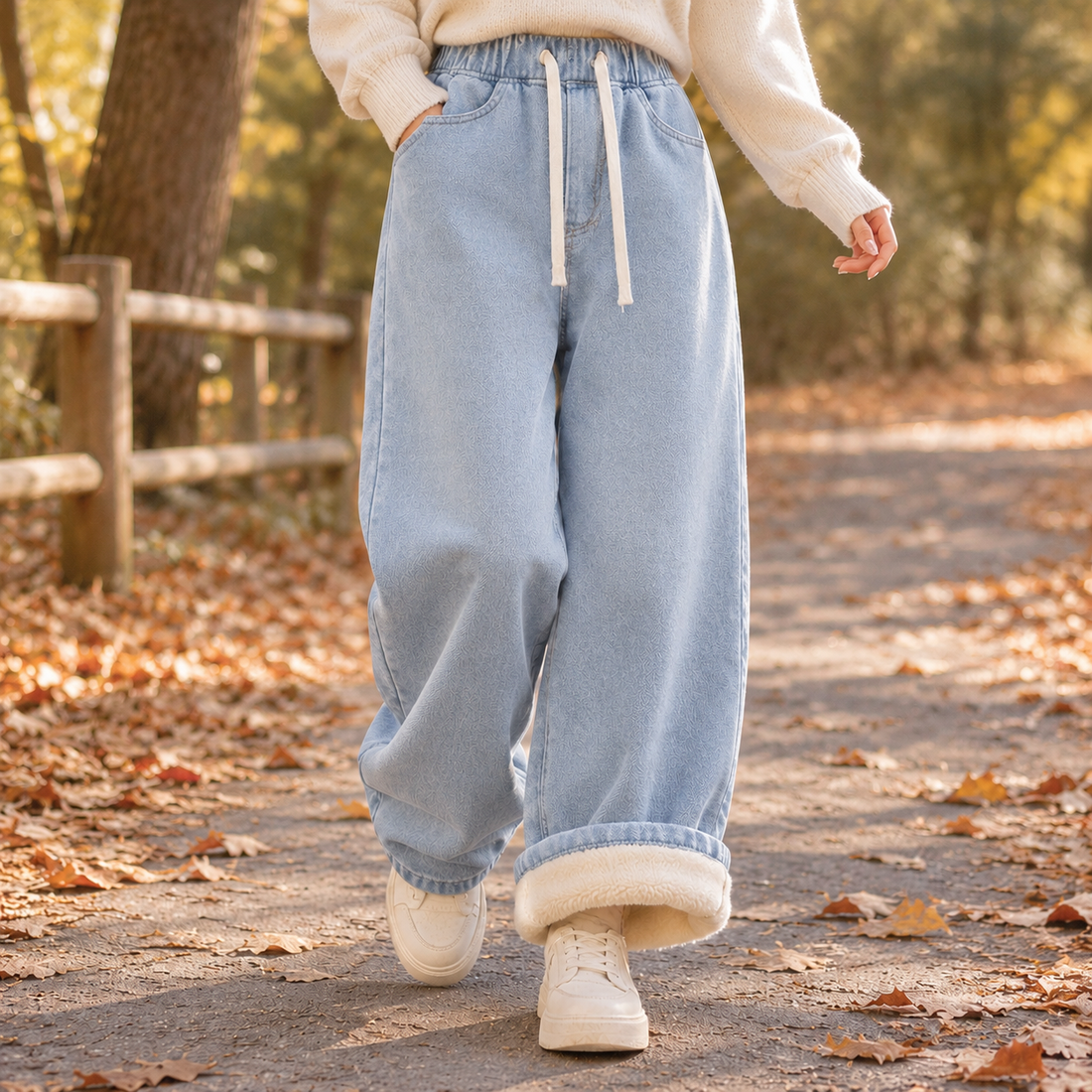 Guinevere-Jane Fleece Wide Leg Jeans - Light Blue ~