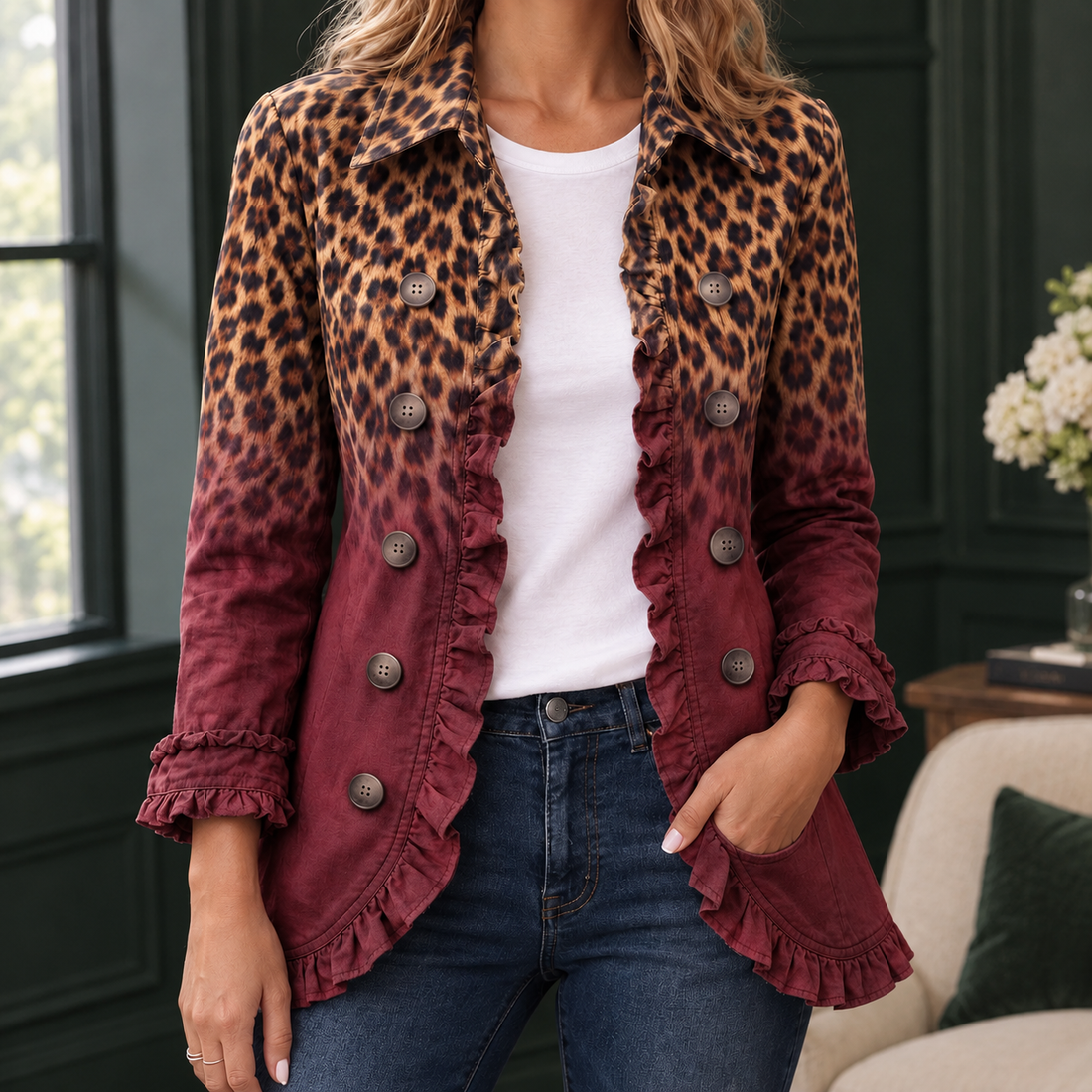Esther Ruffled Jacket - Red Leopard