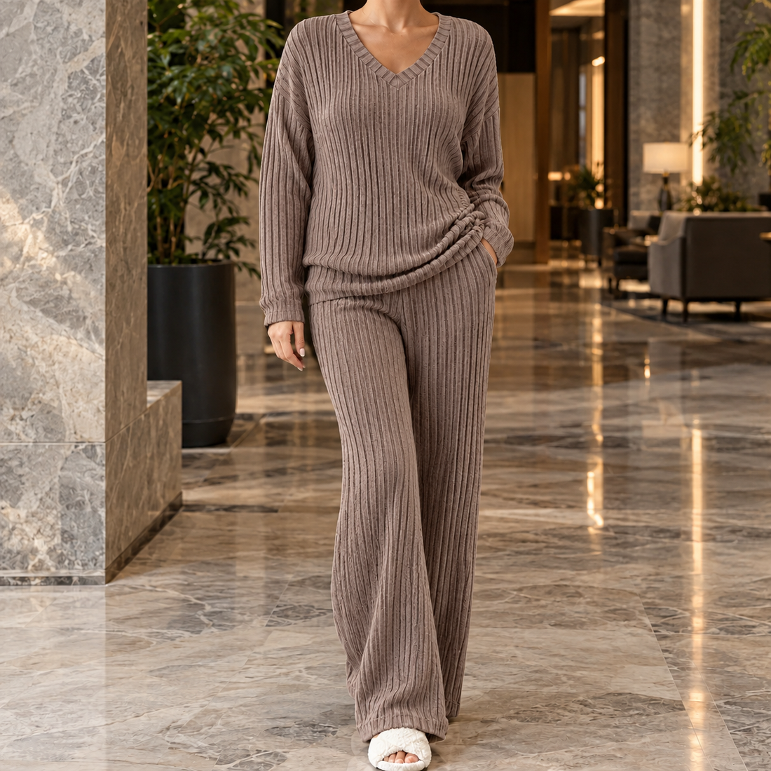 Charlotte-Claire Ribbed Set - Coffee