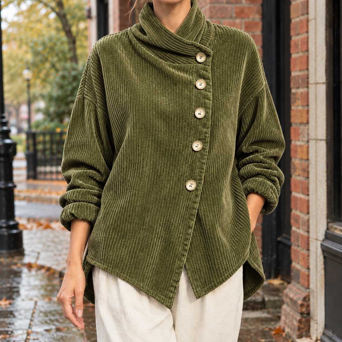 Desiree-Pearl Asymmetric Jacket - Olive Green