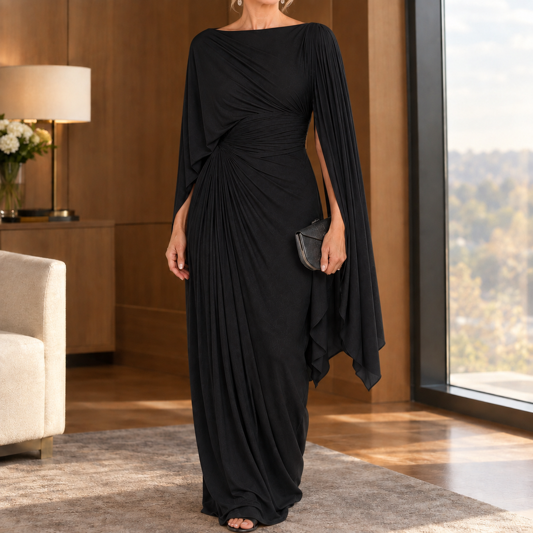 Annabel-Hope Draped Maxi Dress - Black