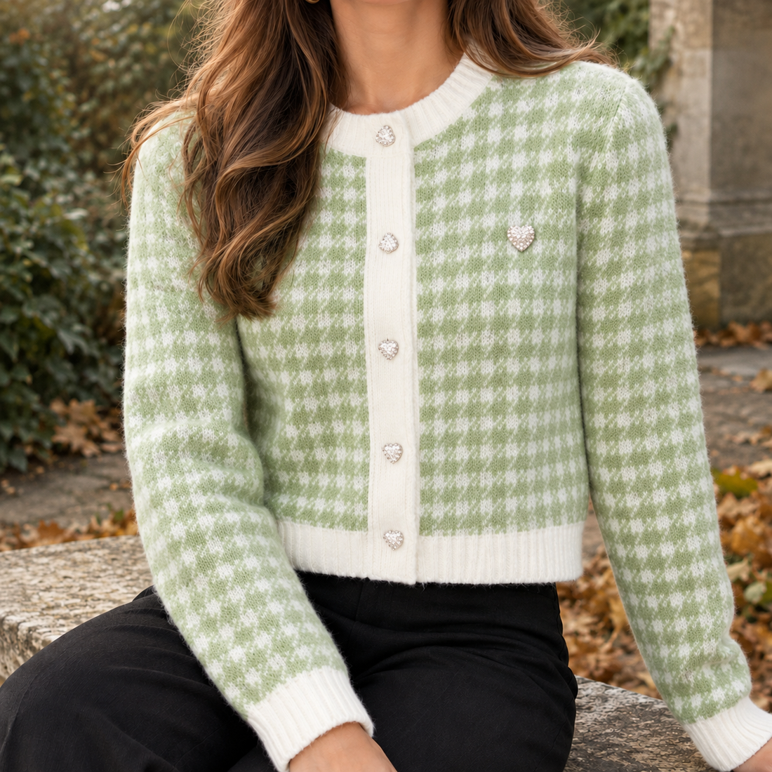 Alina-Rose Houndstooth Cardigan - Ocean Green