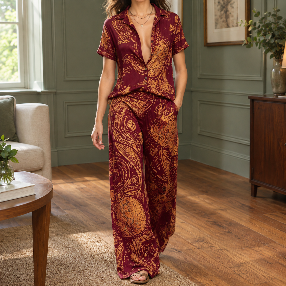 Annika Wide Leg Set - Burgundy