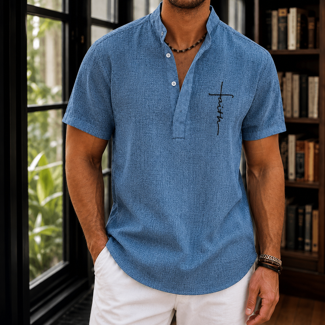 Archer Stand Collar Shirt - Blue