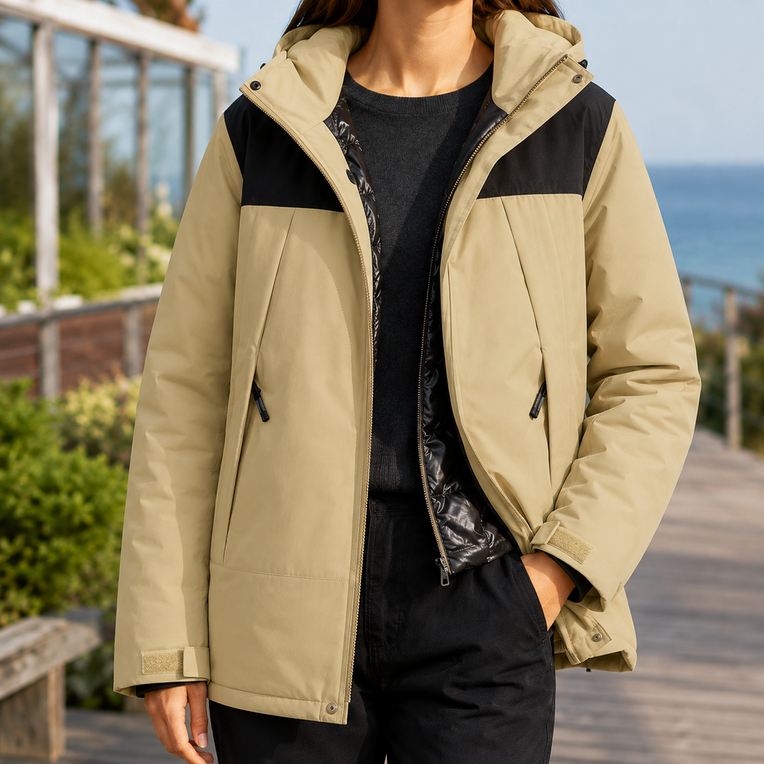 Calla-Faye Hooded Ski Jacket - Khaki Black