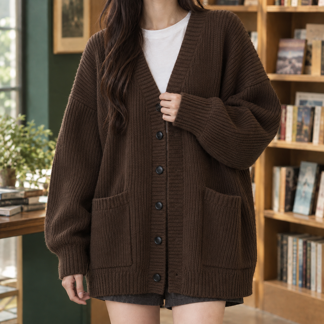 Thalia-Grace Ribbed Cardigan - Brown