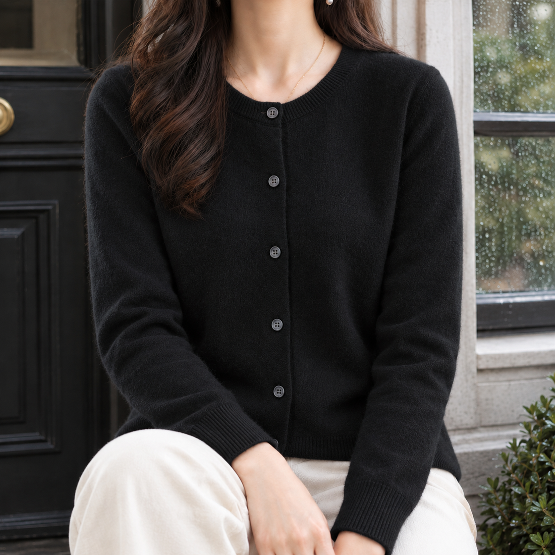 Lorelai-Sage Round Neck Cardigan - Black