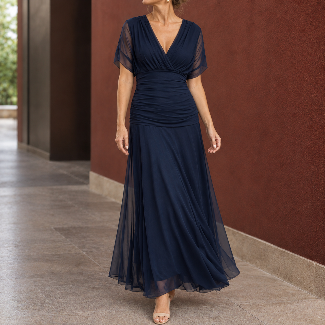 Serena-Pearl Draped Maxi Dress - Dark Blue