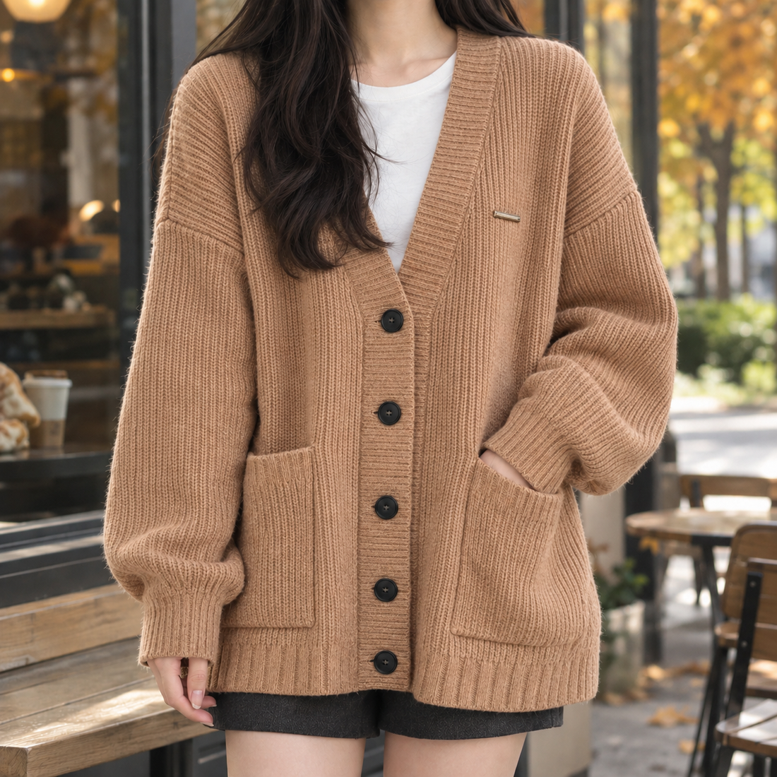 Lauren-Elise Ribbed Cardigan - Camel