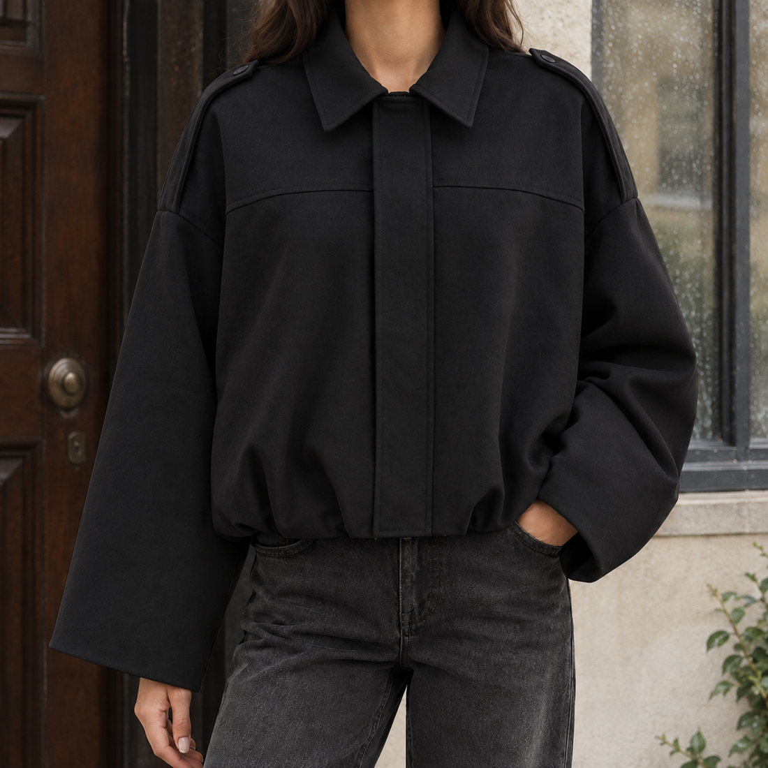 Serena-Mae Suede Bomber Jacket - Black