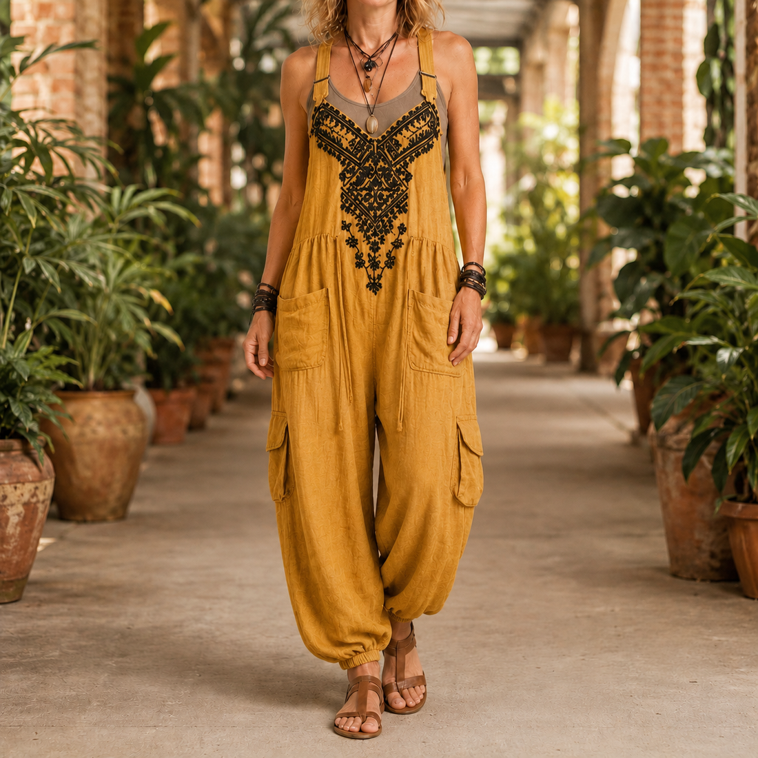 Celeste-Rose Embroidered Jumpsuit - Mustard