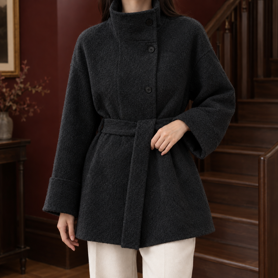 Gabrielle Belted Wool Coat - Carbon Black