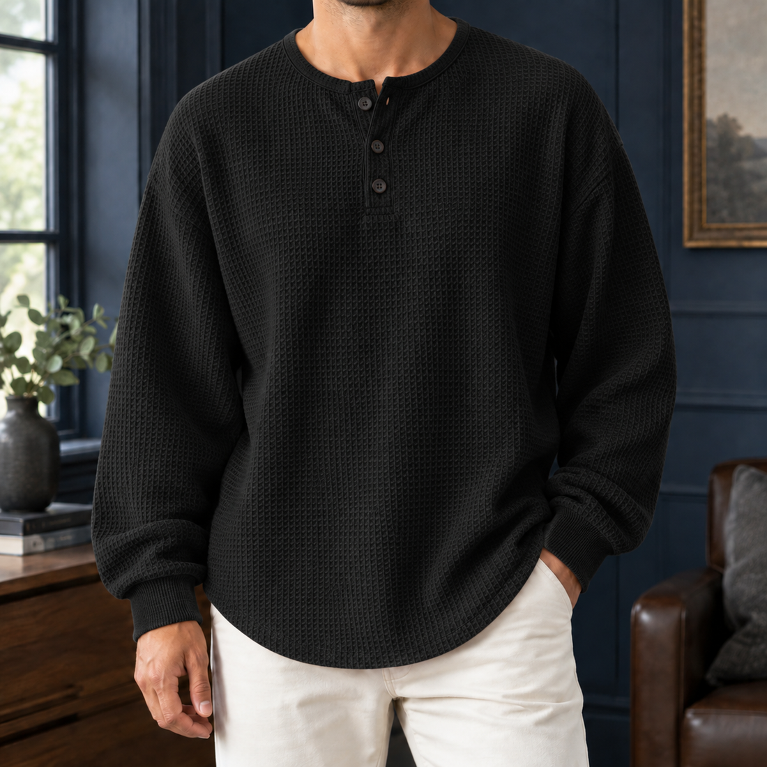 Brett Relaxed Waffle Top - Black