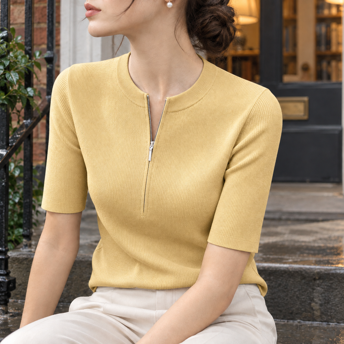 Penelope-Kate Zip Neck Top - Light Yellow