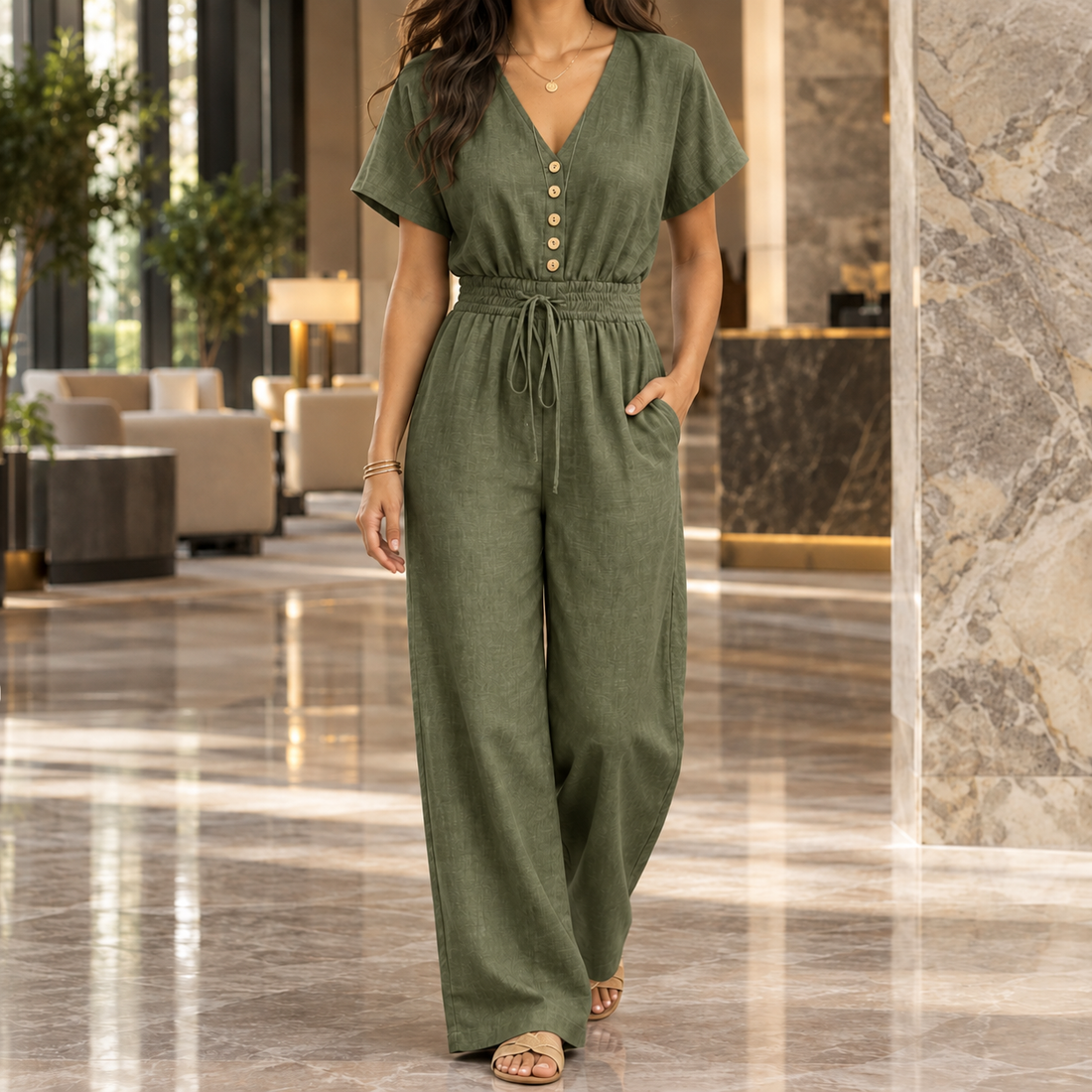 Zinnia-Louise V-Neck Jumpsuit - Army Green