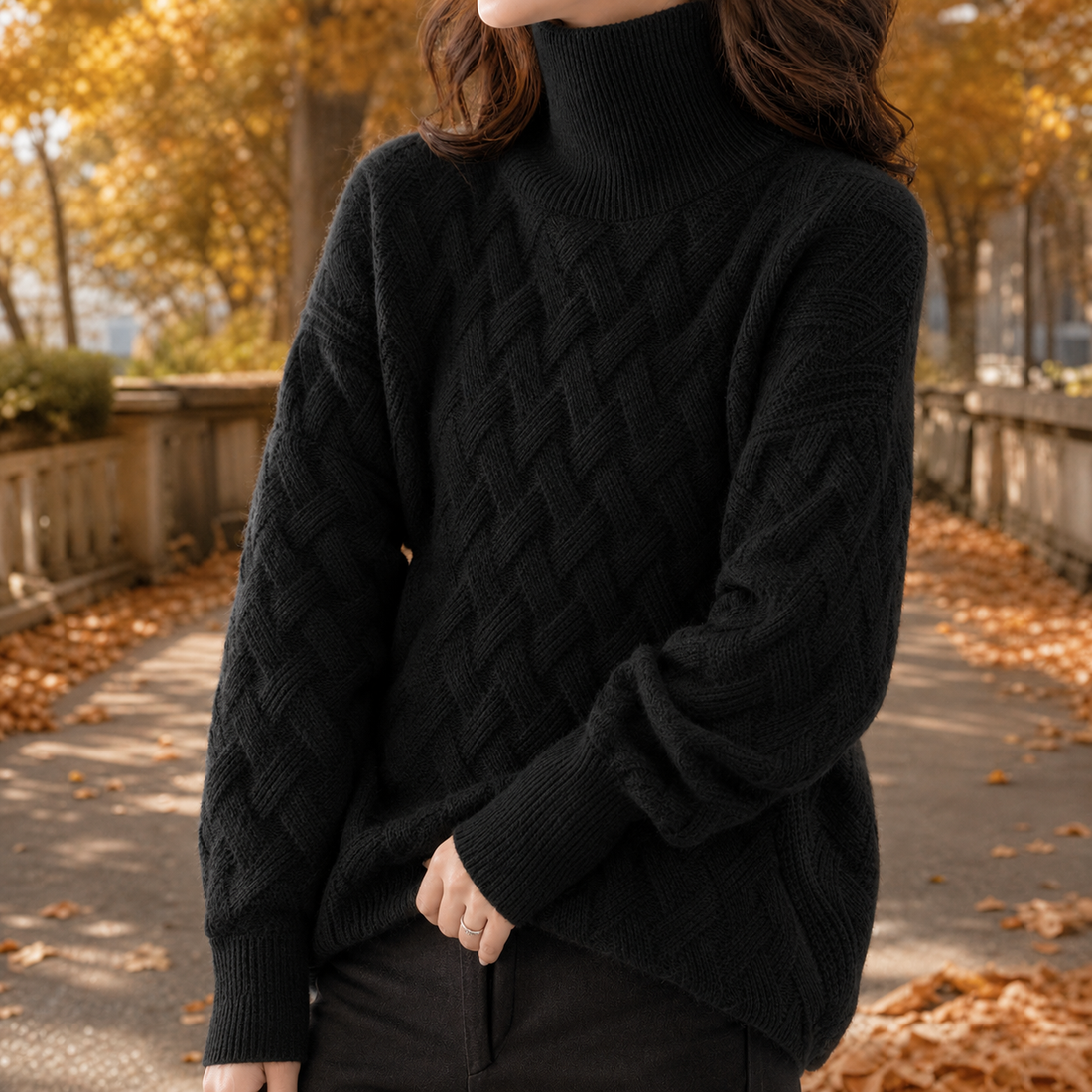 Rowena-Grace Textured Turtleneck Sweater - Black