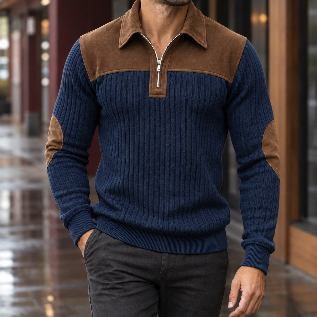 Aurelien Ribbed Pullover - Navy Blue