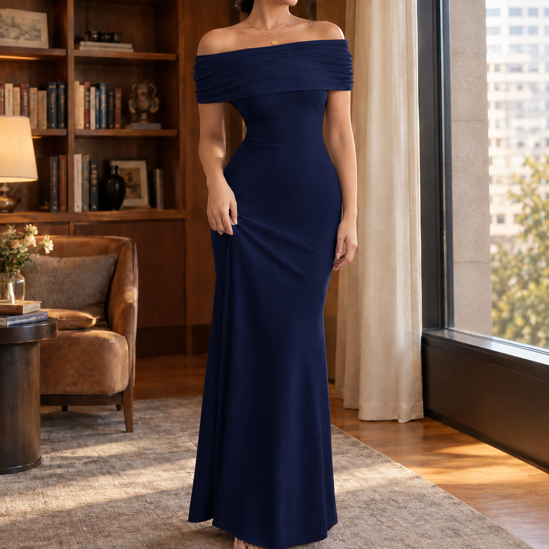 Dorothea Off Shoulder Dress - Navy Blue
