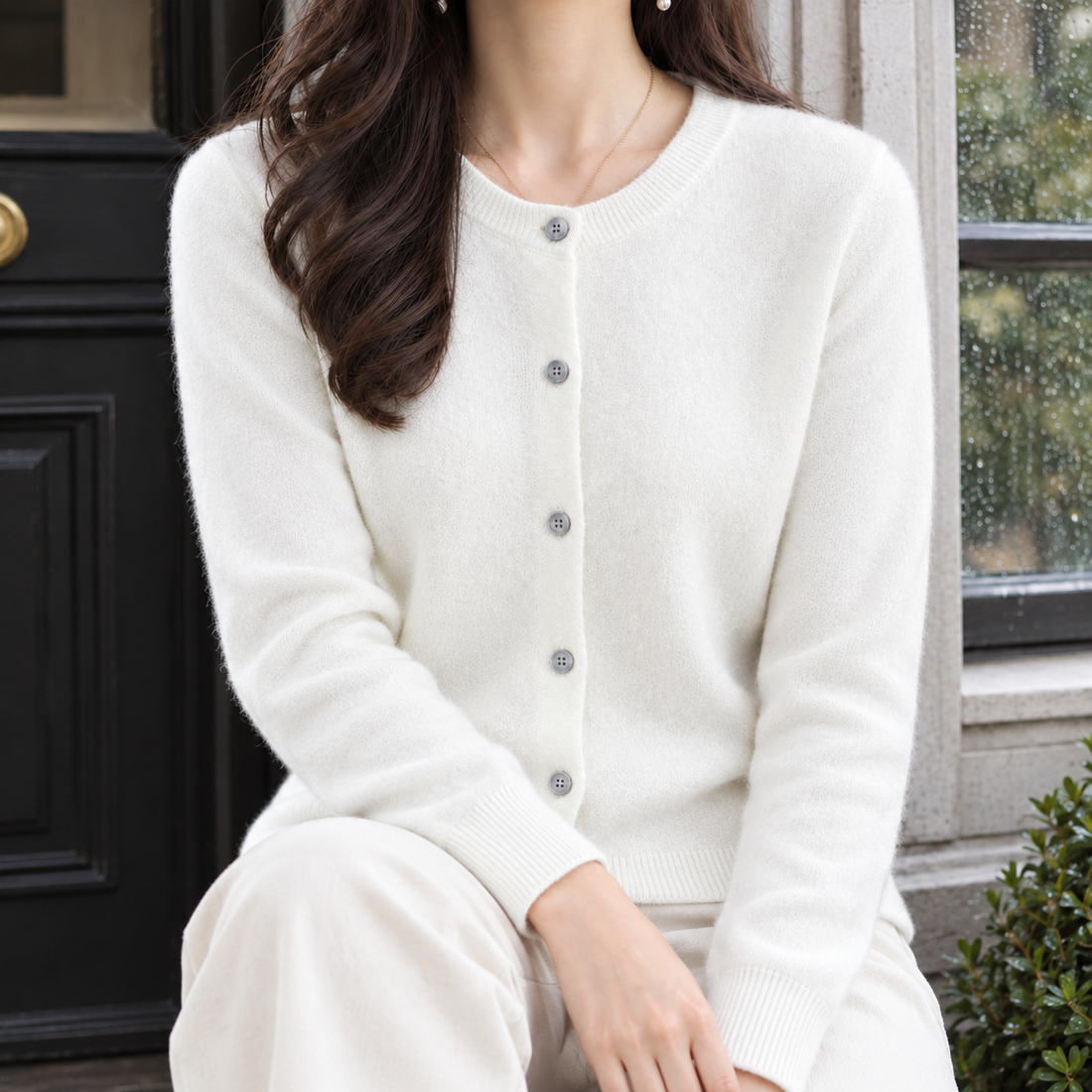 Lorelai-Sage Round Neck Cardigan - White