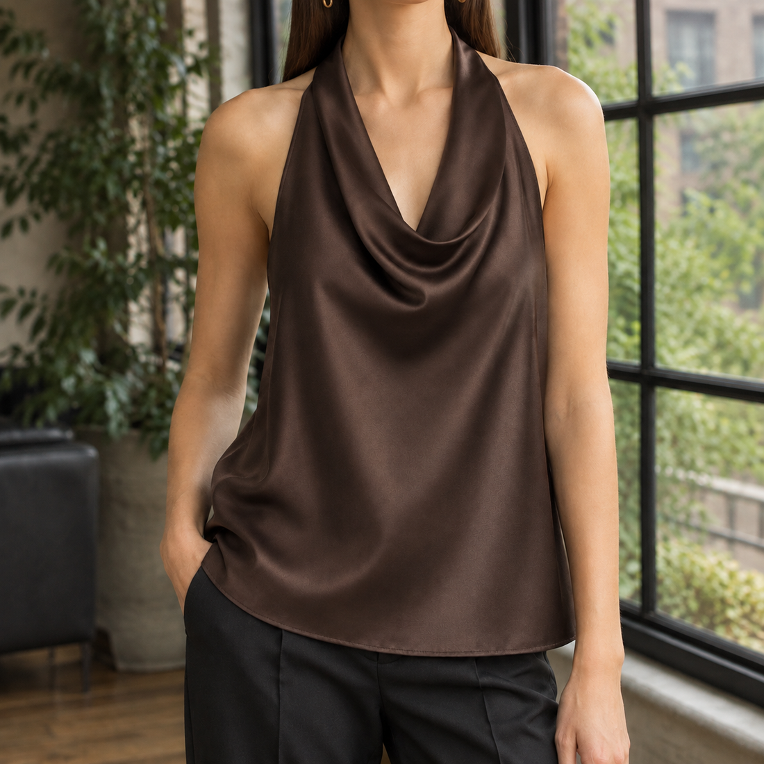 Marlene-Kate Draped Halter Top - Chocolate